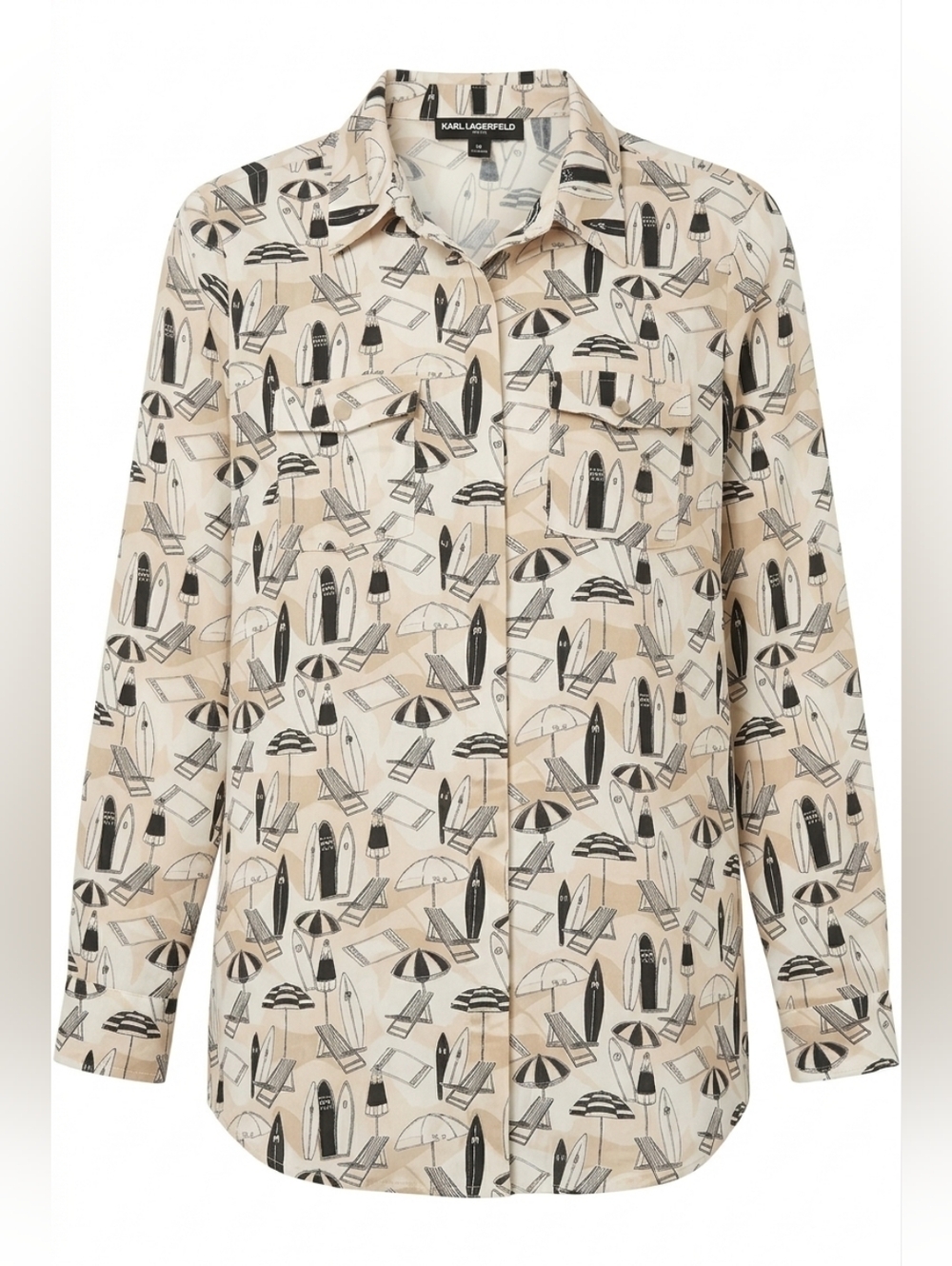 ​KARL LAGERFELD PARIS Women's Whimsical Destination Beach Print Point Collar